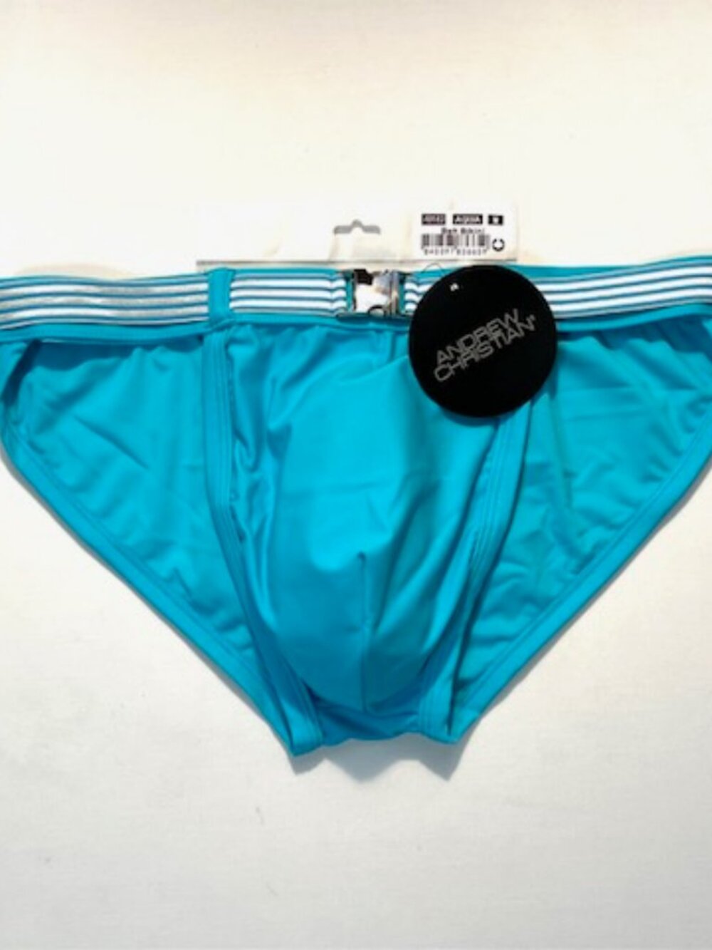 Andrew Christian - Size M - Solid Swim Bikini with Striped Belt - Aqua/Silver